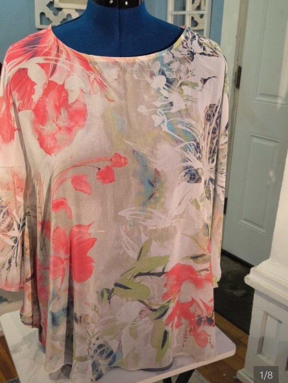 Chico's Watercolor Floral Scoop Neck Tunic - Coral, Green, Blue - Picture 9 of 9